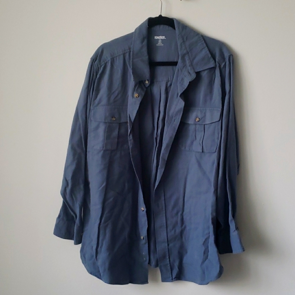 Navy-blue casual button-up, perfect for chilly days or lounging around the house